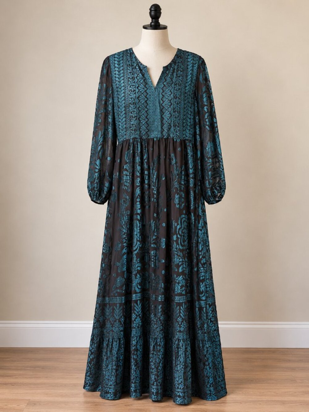 Soft Surroundings Dimora Burnout Velvet Floral Maxi Dress L Teal Whimsigoth Gala